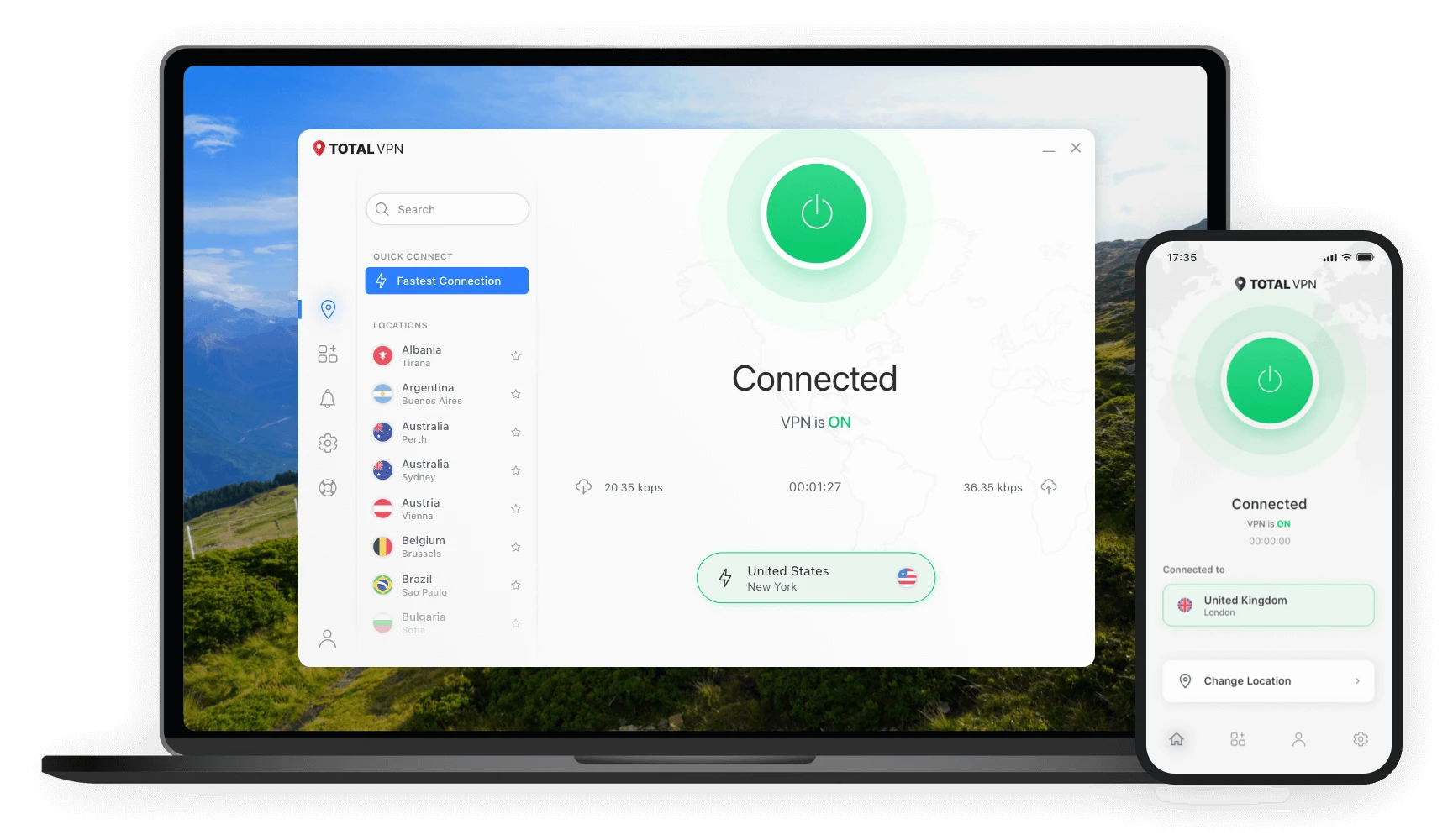 Total VPN application shown on desktop and mobile devices